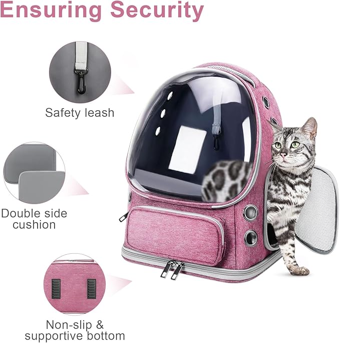 Cat Backpack Carrier, Breathable Cat Bubble Backpack Large Space Cat Carrier Backpack for Kitty Small Dog, Foldable Airline Approved Cat Backpack, Transparent Pet Travel Backpack Up to 20 lbs (Pink)