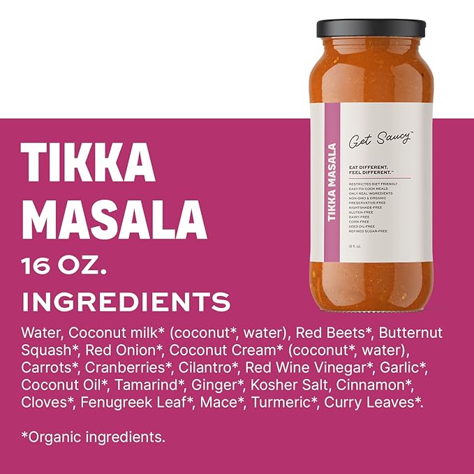 Get Saucy Tikka Masala Sauce - Gluten-Free, Dairy-Free, Corn-Free, Seed Oil-Free, Refined Sugar-Free, Nightshade-Free, Organic, Non-GMO, Preservative-Free, Healthy & Easy Meal (3 Pack, 48oz)