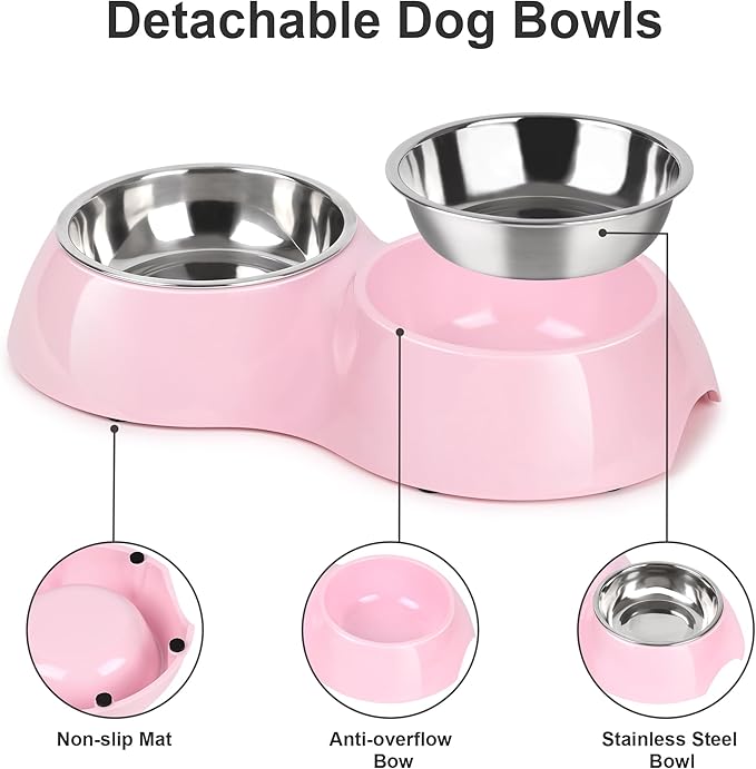 Stainless Steel Dog Bowls Set ??Dual Non-Slip Pet Dishes with 2 Small (4oz*2) Bowls & Durable Resin Stand,Food & Water Feeder for Puppies and Kittens??Pink