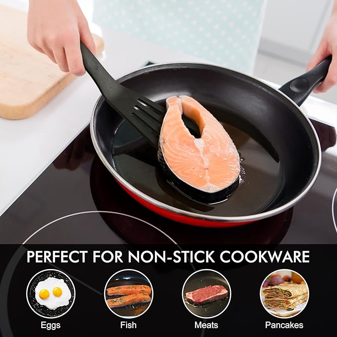 HOTEC 600??Heat Resistant Silicone Slotted Fish Turner Spatula Set, BPA Free Flipper Cooking Spatulas, for Non Stick Cookware Dishwasher Safe, Black