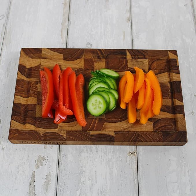 EcoDecors FSC Certified, Solid Teak Cutting Board, 10x6, Compact Reversible End Grain Wood Board for Snacks, Cheese, Garnish & Small Kitchen Prep