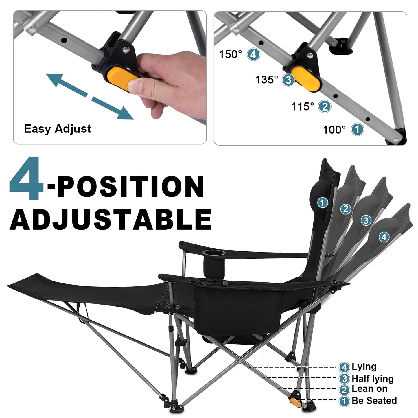 Romswi 2Pack 4-Position Reclining Camping Chair with Removable Footrest, 2-in-1 Adjustable Portable