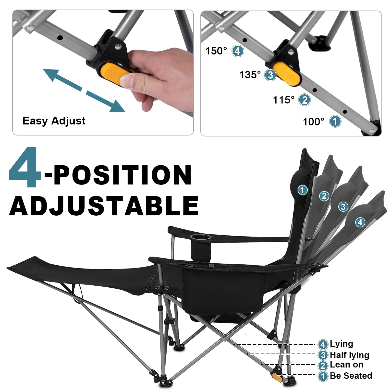 Romswi 2Pack 4-Position Reclining Camping Chair with Removable Footrest, 2-in-1 Adjustable Portable