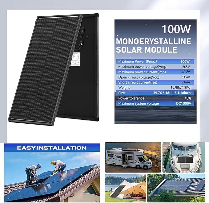 200 Watt Solar Panels (2 Pcs 100W) 12V Monocrystalline N-Type High Efficiency PV Modules for RV, Trailer, Camper, Marine, Rooftop, Home, Shed, Farm, Off-Grid System (2 Pack 100w, Black)