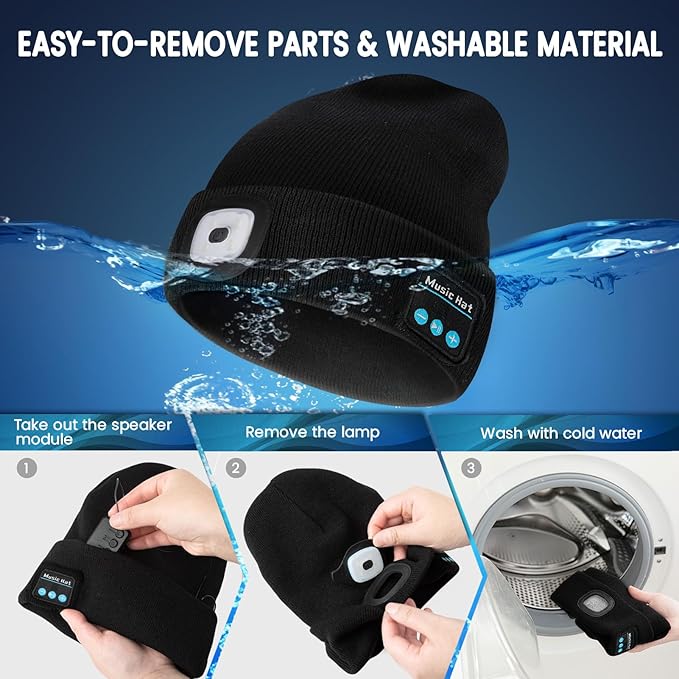 VIBELITE Bluetooth Beanie Hat with Light, USB Rechargeable LED Headlamp with Wireless Headphones, Gifts for Men, Him, Husband, Boyfriend, Dad Gifts for Dad, Husband, Father, Black