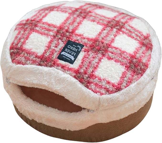 Cat Cave Bed ??Plush, Warm & Calming Hideaway with Detachable Lid & Mat, Covered House for Indoor Kitten & Kitty (Redwhite)