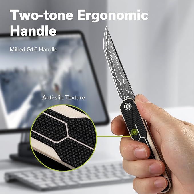 CIVIVI KwaiQ Pocket Knife, Folding Knife with Inline Flipper for EDC, 2.97" Damascus Tanto Blade Two-tone G10 Handle for Women Men C23015-DS1