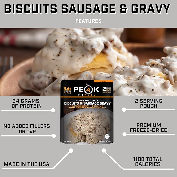 Peak Refuel Biscuits & Sausage Gravy | Freeze Dried Backpacking, Camping & Emergency Prep Food | 2 Servings Pouches