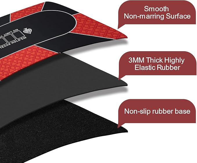 CONTINUE Poker Table Mat - 8-10 Player Texas Hold'em Poker Mat - Anti-Slip Rubber Table Top Layout with Carrying Bag - Black (Rectangle Red)