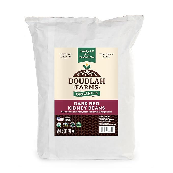 Organic Dried Dark Red Kidney Beans 25 lb Bulk - Non-GMO, USDA Organic, Farmed From Regenerative Soil, Tested Clean Certified, Vegan, Rich in Fiber & Protein for Soups, Salads, & Chili - Grown In USA by Doudlah Farms