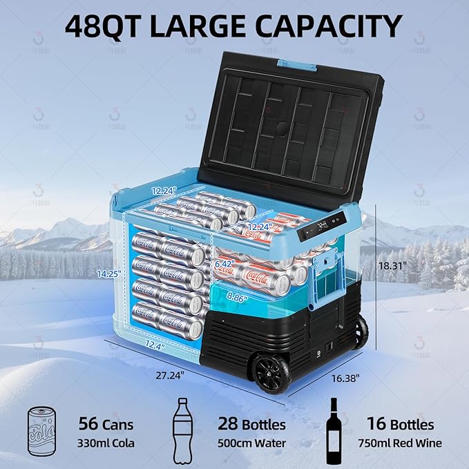 45L Car Refrigerator Freezer, -4℉~68℉ 48QT Single Zone Portable Compressor Cooler with Reversible Door, Battery Slot, All-Terrain Wheels, 100–240V AC / 12V / 24V DC Powered, LED Light – Ice Blue
