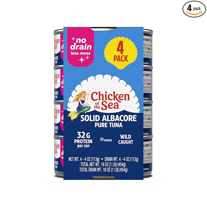 Chicken of the Sea Solid White Pure Tuna, 4 oz. Can (Pack of 4), Wild Caught, No Drain