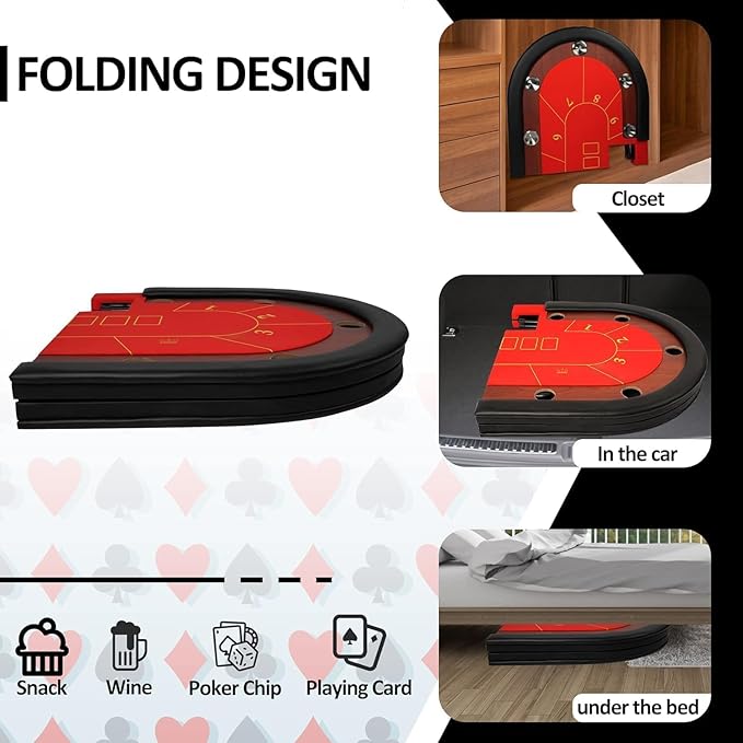 Premium 84" Oval Folding Poker Table – 10-Player Texas Hold’em with Cushioned Rails, Stainless Steel Cup Holders, Chips Tray, and Felt Surface for Blackjack and Casino Games (Red)