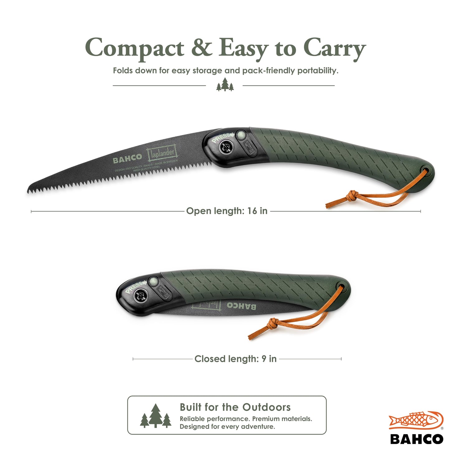 Bahco BAH396LAP Laplander Folding Saw, 7-1/2" Blade, Ergo Grip, Green