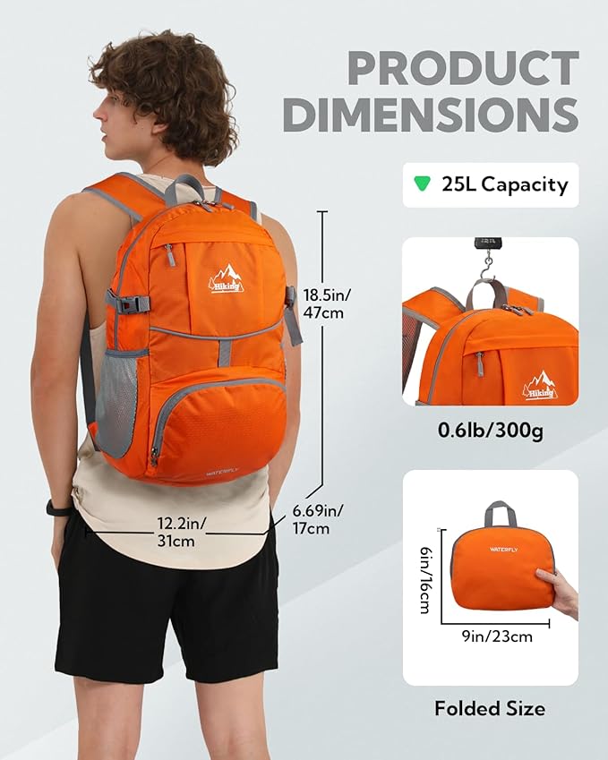 WATERFLY Hiking Foldable Daypack Backpack: 25L Ultra Lightweight Waterproof Day Pack for Woman Man - Small Compact Packable Folding Back Pack for Outdoor Sport Cycling Biking Travel Trip - Orange