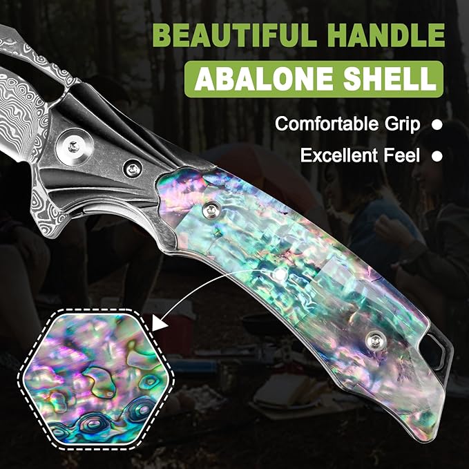 Damascus Pocket Knife for Women, 3.15" VG10 Damascus Steel Blade EDC Folding Knife with Sheath, Abalone Shells Handle, Ideal Gifts for Woman Men