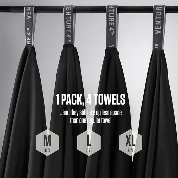 VENTURE 4TH - 4pcs Quick Dry Towels. Microfiber Travel Towels. Lightweight & Fast Drying Travel Towels for Body. Compact & Easy to Pack - 4 Pack Black Extra Large