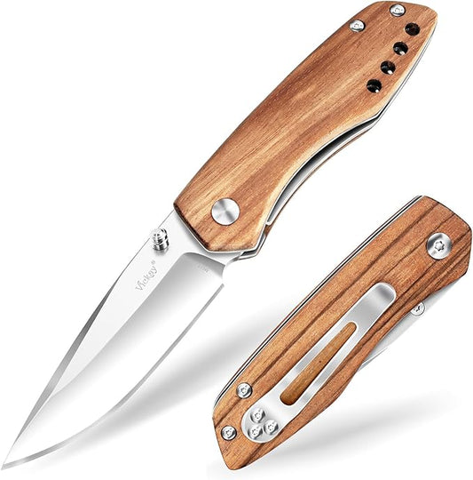 Vickay Folding Pocket Knife with Clip, 2.95" 8Cr13MoV Steel Blade, Wood Handle EDC Knife for Men & Women, Liner Lock Knife for Camping, Hunting, Tactical, Survival Father?˜s Day Gift