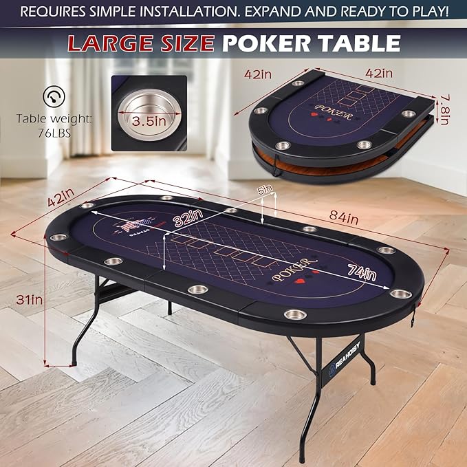Poker Table Foldable, 8/10 Player Folding Poker Tables with Casino Grade Felt, Padded Rails & Cup Holders, Portable Poker Table for Texas Holdem (84 Inch-Black & Navy Blue)