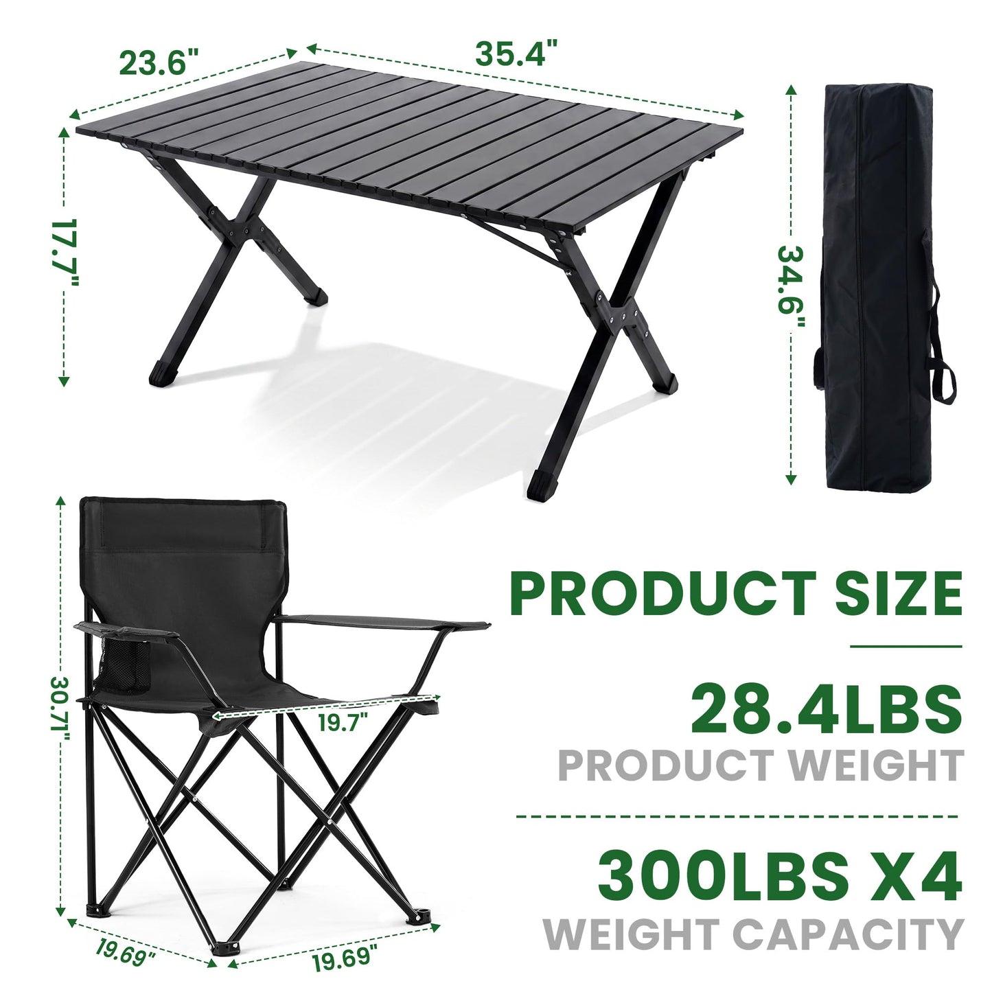 Geisoun 4 Pack Folding Camping Chairs with Table Set, Foldable Portable Lawn Chairs with Carry Bag