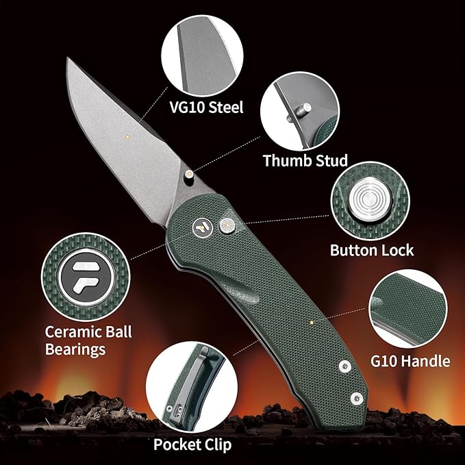 Button Lock Pocket Knife with 2.85 inch VG10 Steel Blade G10 Handle, Folding Knife for EDC,Green