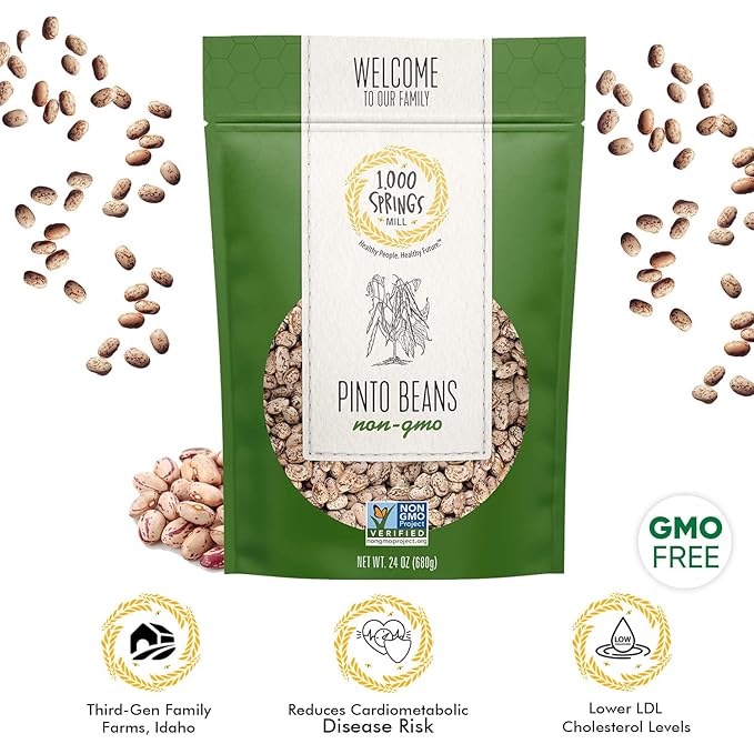 1000 Springs Mill Dry Pinto Beans - Non-GMO, Vegan-Friendly Bulk Pinto Beans with Resealable Bag - Used for Soups, Stews, Dips, Chili, Burritos, Refried Beans & More - 24oz (Pack of 1)