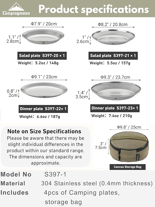 CAMPINGMOON Camping Plates 4 pack set Salad Side Dinner Plate Dishes Outdoor Tableware Stainless Steel with Canvas Case S397-1S