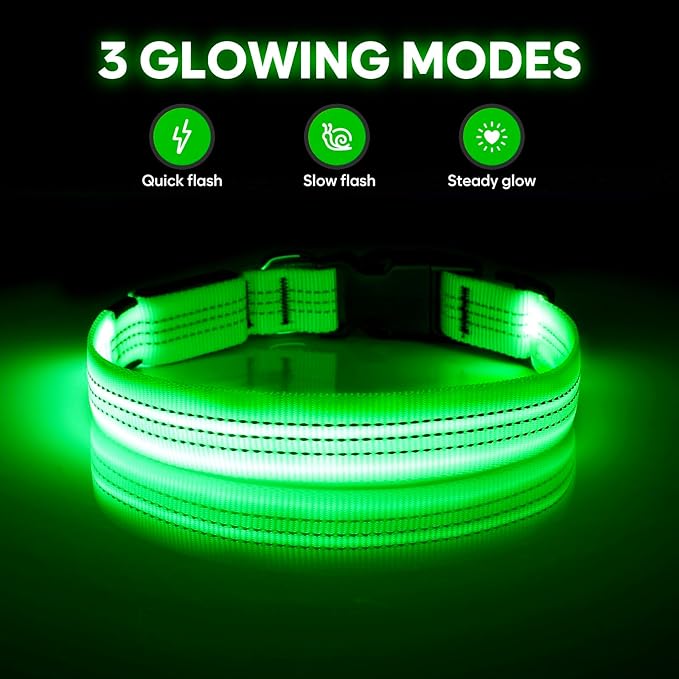 Illumifun Light Up Dog Collar, USB Rechargeable LED Dog Collar, Reflective Flash Pet Lighted Collar for Nighttime Walking (Green?? Large)