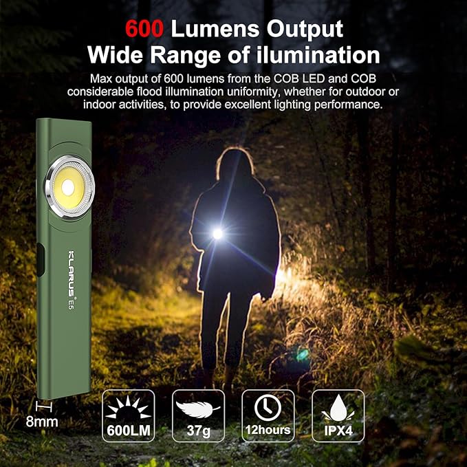 klarus E5 Pocket Flashlight, Rechargeable EDC Flashlight, Super Slim 4.2x1x0.3inch, 600 Lumens, USB-C Port, IPX4, Dual Light Source with Magnetic Base, Hat & Clothes Clip