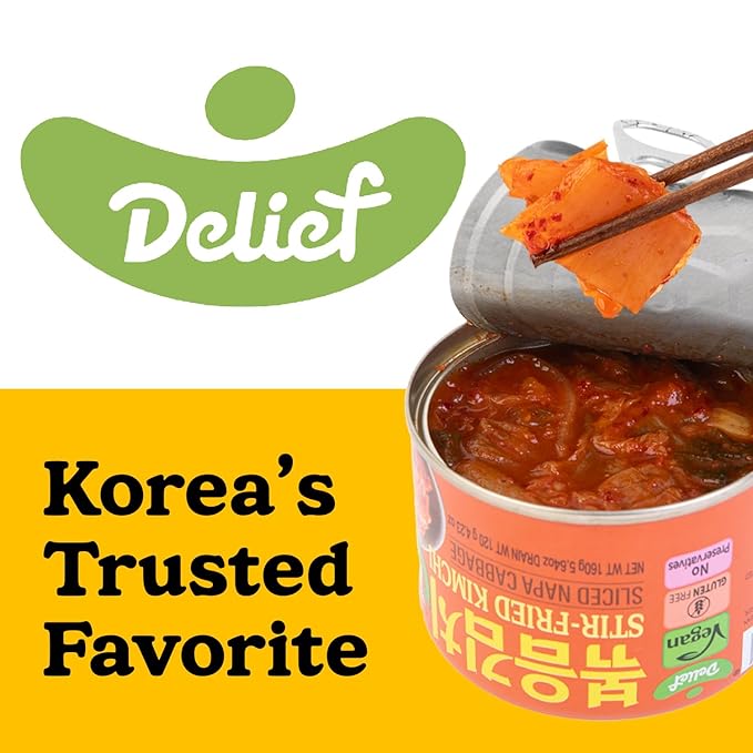 DELIEF Stir-Fried Cabbage Kimchi - Authentic Korean Cabbage, Vegan, Gluten-Free, Shelf-Stable Canned, No Preservatives, 5.64 oz/160 g (4 Packs)