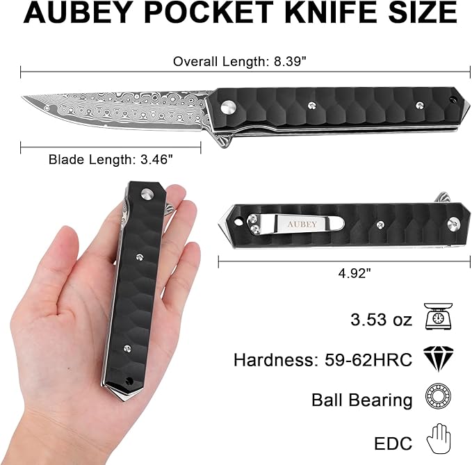 AUBEY Damascus Pocket Knife with Clip, Tanto Blade Damascus Steel Folding Knives for Men Tactical, Aluminum Handle with Glass Breaker for EDC Camping