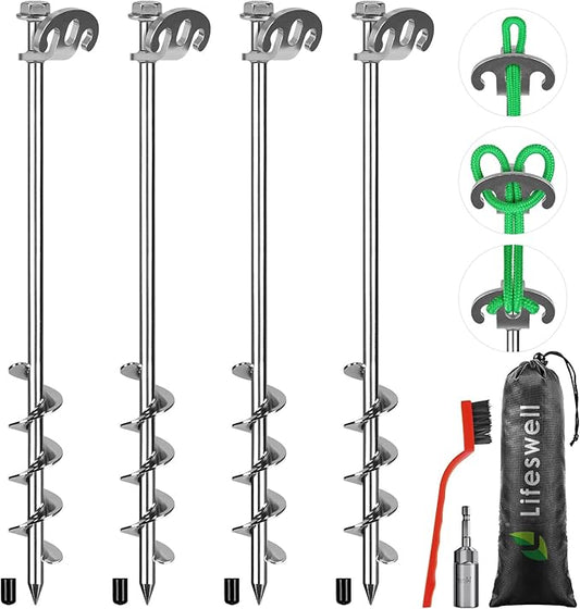 17 Inch Screw in Ground Anchors Kit, 4 Pack Heavy Duty Tent Stakes, Double-Sided Welded Spiral Windproof Earth Anchors for Trampoline, Shed, Swing Set & Mobile Home