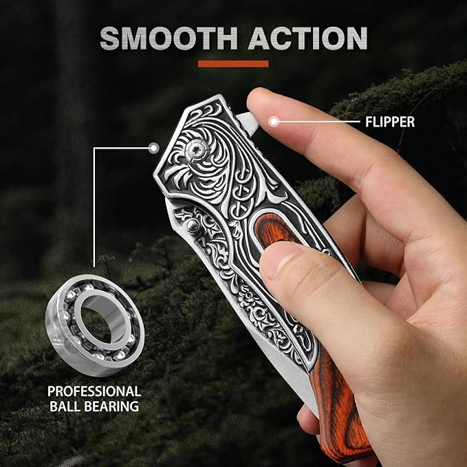 Pocket Knife for Men, 8.7" Folding Knife, 440 Stainless Steel Blade, 0.19lb, Wood Handle with 3D Retro Embossed Pattern, EDC Folding Knife for Work, Camping, Christmas Gifts