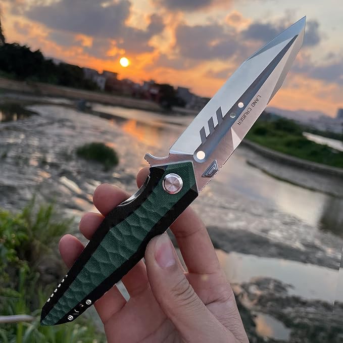 folding pocket knife with 4in d2 tool steel blade,liner lock g10 handle,edc camping hunting knives with clip for men and women (green)
