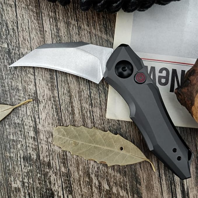 HUAAO Push Button Knife, Spring Assisted Opening, EDC Folding Pocket knives For Men,2.08 inch 8Cr13Mov Hawkbill Blade，gray aluminum handle,With Deep Carry Pocket Clip