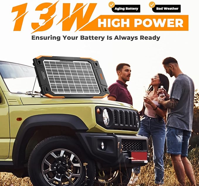 BALDR Solar Car Battery Charger, 12V 13W, MPPT Technology, IP67 Waterproof, Dual-Sided Power Battery Maintainer for Car, Boat, Lawn Mower, Trailer.