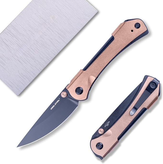 REALSTEEL SYLPH Folding Pocket Knife, Liner Lock, 3.07" Nitro-V Steel Black PVD Blade, Thumb Stud, Double Bending Steel Handle, 3.35oz, Deep-carry Pocket Clip, EDC Outdoor Indoor, Gifts for Men Women Camping Hiking Climbing (Gold Black)