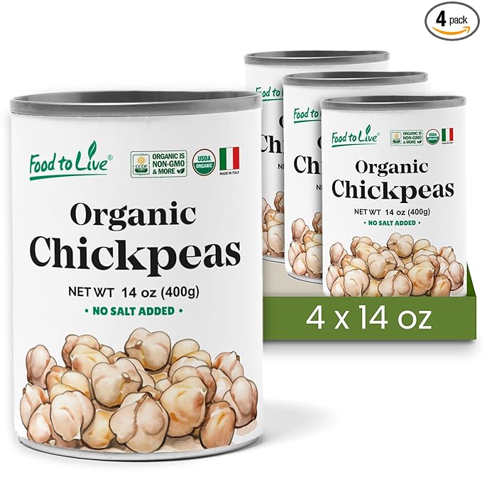 Food to Live Organic Canned Chickpeas, 14 oz (Pack of 4) - Unsalted Non-GMO Garbanzo Beans. Vegan. USDA Certified Organic. Good Source of Fiber and Protein. Wholesale. Made in Italy
