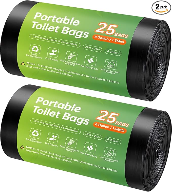 Portable Toilet Replacement Bags, 50 Count, 8 Gallon Capacity, Compostable, Leak-Proof, Durable, Versatile, and Compatible
