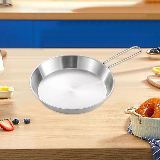Stainless Steel Camping Fry Pan Cookware Foldable Handle Easy to Clean Multipurpose Outdoor Cooking Griddle Non Stick Skillet, 20cm