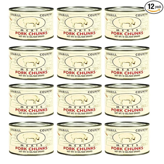 Grabill Country Meats Pork Chunks – 13 oz Cans, Pack of 12 | Fully Cooked & Ready to Eat | All-Natural Shelf-Stable Pork for Quick Meals, BBQ, Sandwiches, Camping & Long-Term Emergency Food Storage