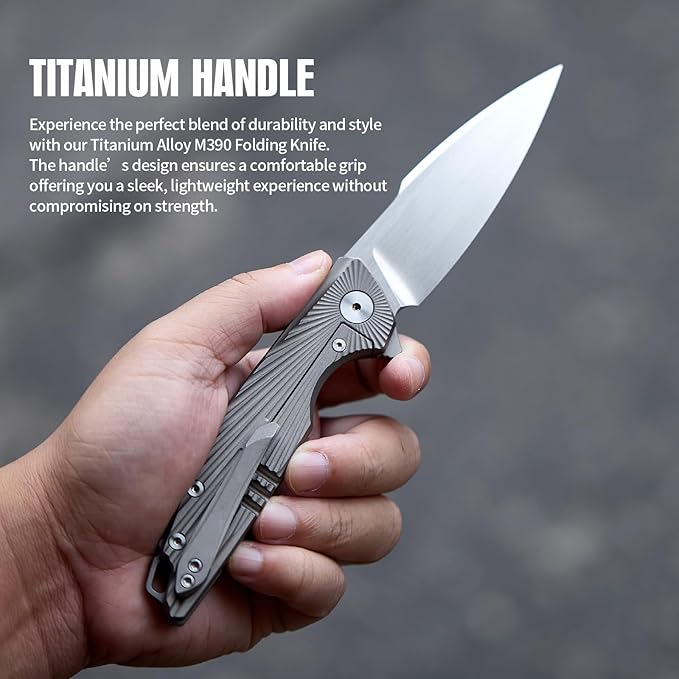Folding Knife pocket knife EDC Knife With Clip Survival knife Hunting knife - M390 Steel Titanium Handle - Outdoor Hunting Hiking Survival Camping knife with Sheath Gifts For Men (Grey)