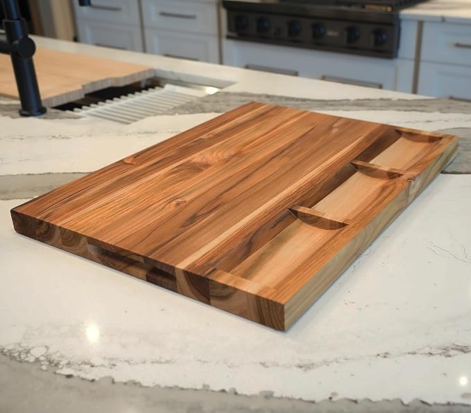EcoDecors, Teak Cutting Board 24x18, FSC Certified Edge Grain Wood Reversible Butcher Block with Juice Groove, 3 Charcuterie Trays & Handles, Large Teakwood Cutting Board for Kitchen & Carving