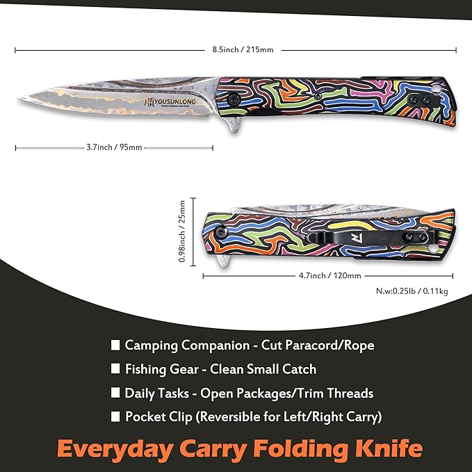 YOUSUNLONG Folding Knife Camping Knife - CuMai Damascus Steel Blade - Multicolored G10 Handle Cover