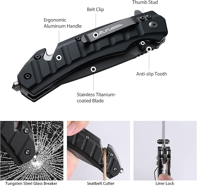 FLISSA Folding Pocket Knife, Tactical Knife with Liner Lock, Tanto Blade, Pocket Clip, Glass Breaker, Seatbelt Cutter, Perfect for Hunting, Camping, Survival