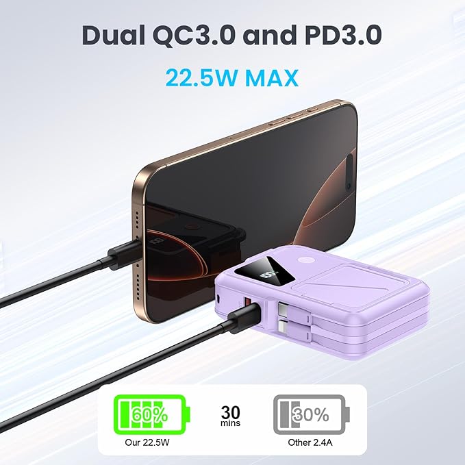 Wireless Portable Charger,5-in-1 Magnetic Power Bank 10000mAh Built in Cables and AC Plug,22.5W Fast Charging Magnetic Battery Pack,Compatible with iPhone 16/15/14/13/12,Apple Watch Series,Airpods
