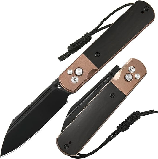 ARTISANCUTLERY Holm Folding Pocket Knife, Folding Knife with 3.10'' AR-RPM9 Steel, Handle with Rose Gold PVD Steel and Ebony Inlay, Button Lock with Safety Switch EDC Knife for Men, 1875P Rose Gold