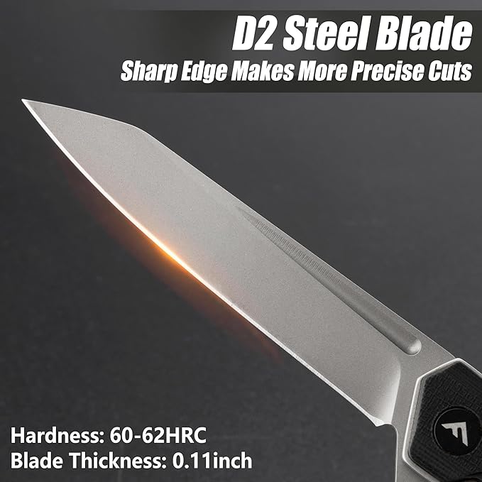 FLISSA Folding Knife, Pocket Knife with D2 Steel Blade, G10 Handle, Pocket Clip, Lightweight for Camping, Tactical, Hiking, Hunting, EDC, Daily Use, Outdoor Activities(Black)