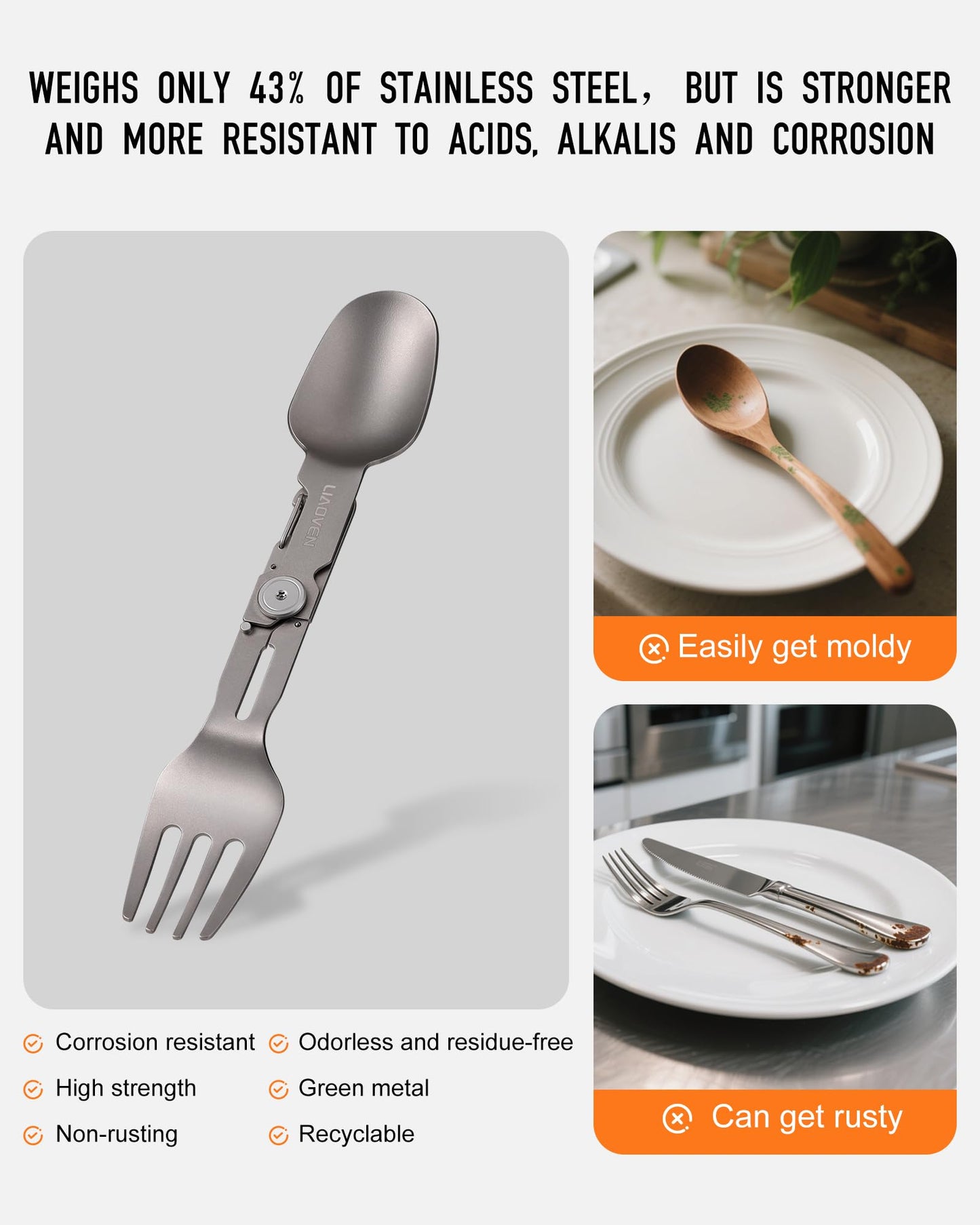 LIAOVEN Titanium Spork 3 in 1 Folding Camping Fork and Spoon, Ultralight Camping Utensil with