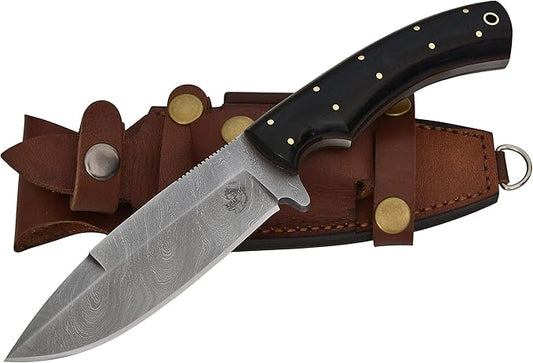 Knives Ranch Handmade 10" Camping & Bushcraft Knife - Damascus Steel - Excellent Edge Retention - Burlap Micarta Handle - Genuine Leather Sheath (2073-M)